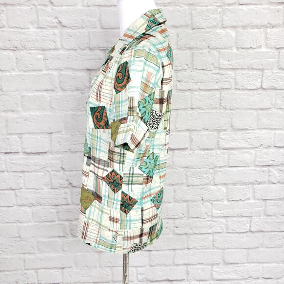Vintage '70s Bradley Knitwear Green Plaid Patchwork Print Button Down Top Size M - Picture 5 of 16